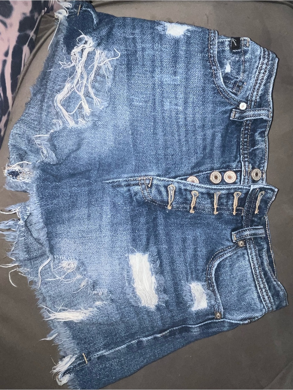KanCan Distressed High-Rise Button-Front Denim Shorts - Blue